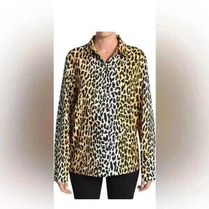 New St. John Beige Black Goldenrod multi Animal Print Top Blouse